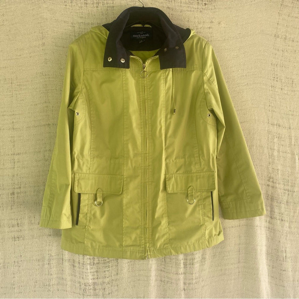 Mackintosh New England Green/Blue Snap/Zip up RainJacket  Removable Hood Size M